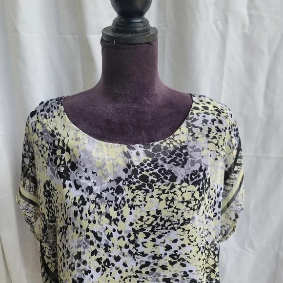 Dana Buchman Black Yellow Gray Design Chiffon Short Sleeve Top Sheer XS - Picture 5 of 9
